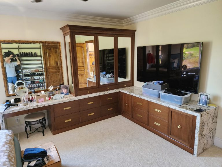 Makeup Counter with Mirrored Shoe Storage